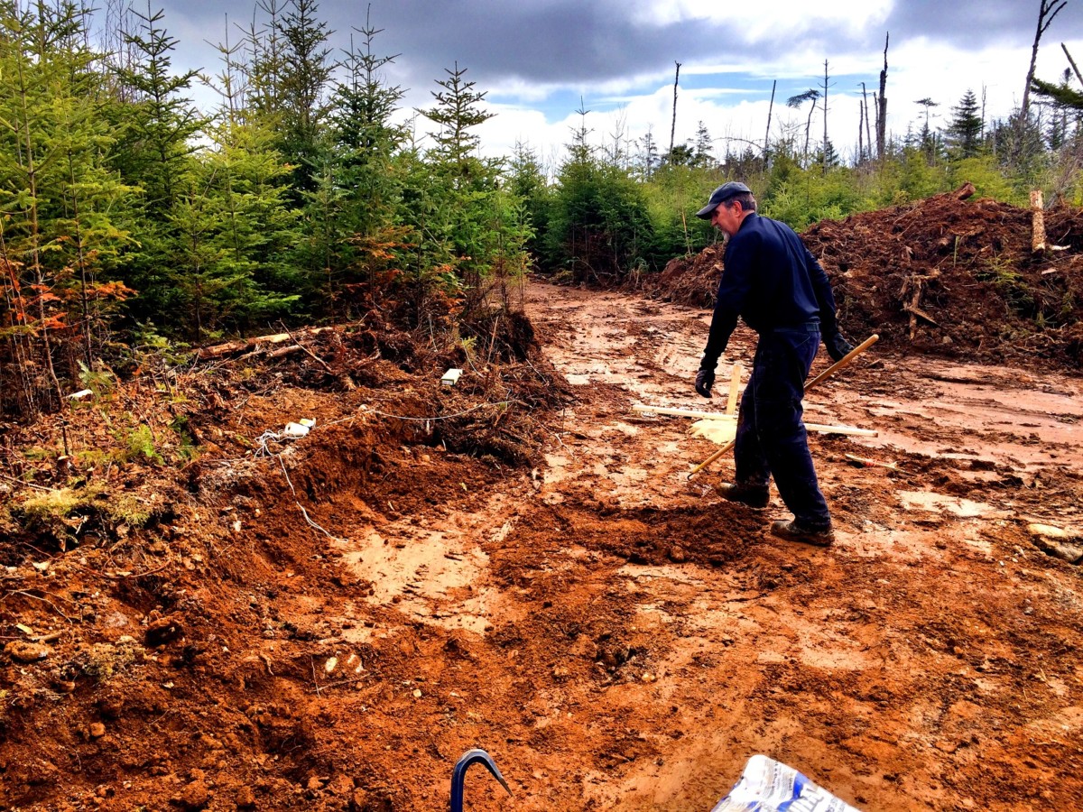 Leveling out the footings for the off grid cabin