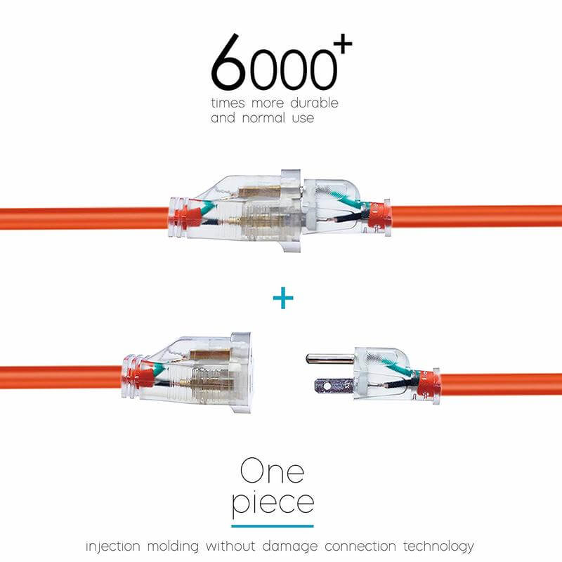 KMC 16AWG Power Outdoor Extension Cord with Light, Bright Orange Extension Cord - 50 Feet