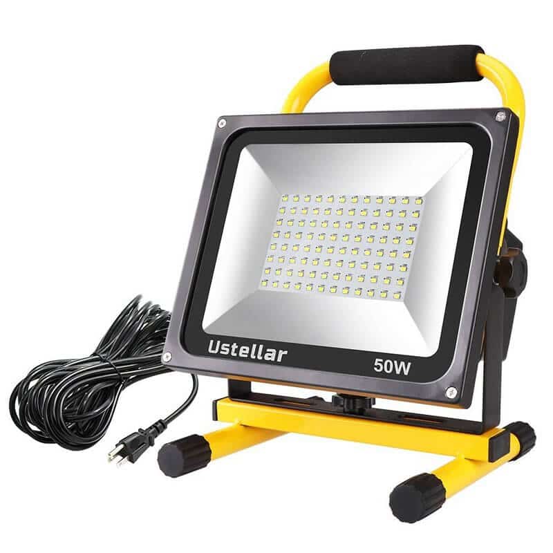 Ustellar 4500LM 50W LED Work Light (400W Equivalent), 2 Brightness Levels, Waterproof Flood Lights, 16ft 5M Wire with Plug, Stand Working Lights for Workshop, Construction Site, 6000K Daylight White