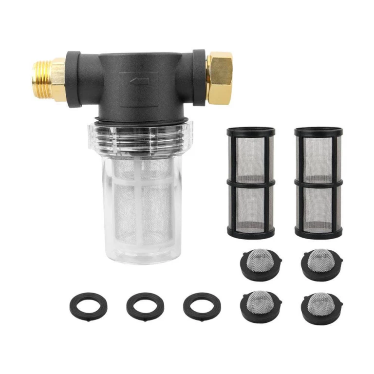 Inline sediment filter with a clear bowl, two mesh screens and sealing washers
