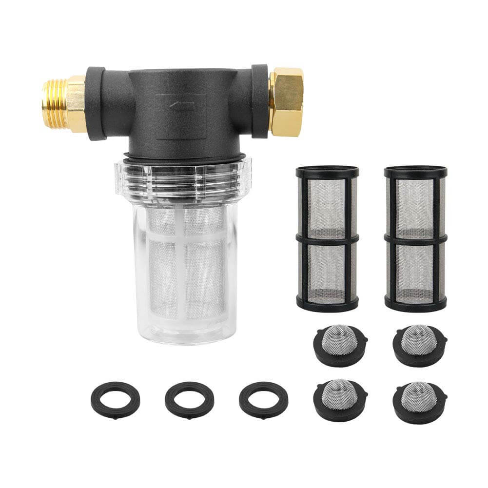 Inline sediment filter with a clear bowl, two mesh screens and sealing washers