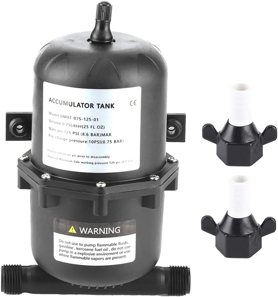 Black 0.75-litre accumulator tank with two white hose adapters