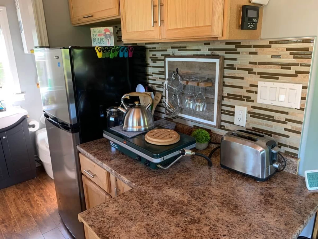 Compact cabin kitchen with refrigerator, countertop and bathroom doorway