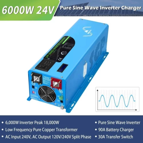 SunGoldPower 6000W Peak 18000W Pure Sine Wave Split Phase Power Inverter with Charger 50A,DC 48V AC Output 120V 240V Converter LCD Remote Control Black Friday