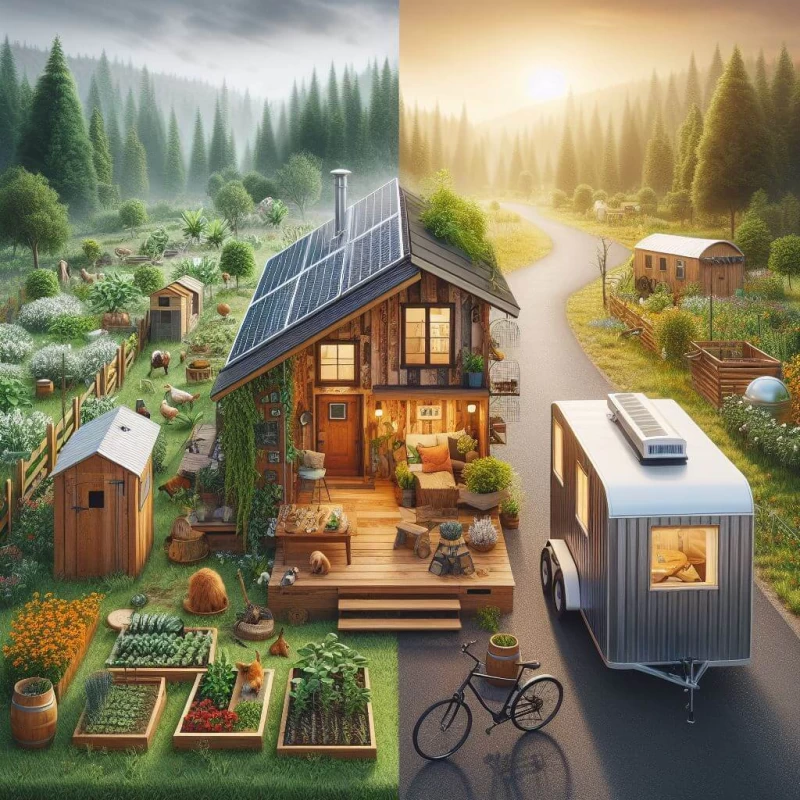 An image comparing and contrasting off grid homesteading and tiny house living. On the left, a green and natural off grid homestead with a large cabin and several animals and plants. On the right, a gray and urban tiny house with a small trailer and a few accessories and decorations