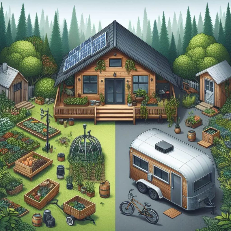 An image divided into two sections by a white line. On the left, a large wooden cabin with a solar panel, a rain barrel, a vegetable garden, a chicken coop, a goat pen, and a beehive. On the right, a small metal trailer with a bicycle, a folding table and chairs, a potted plant, and a sign that says “Tiny House Parking Only”.