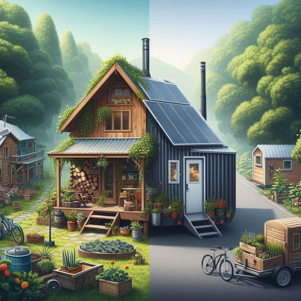 An image showing two contrasting alternative living options. On the left, a spacious and rustic off grid homestead with various features and facilities for self-reliance and sustainability. On the right, a minimalist and modern tiny house with limited space and amenities for mobility and flexibility. 