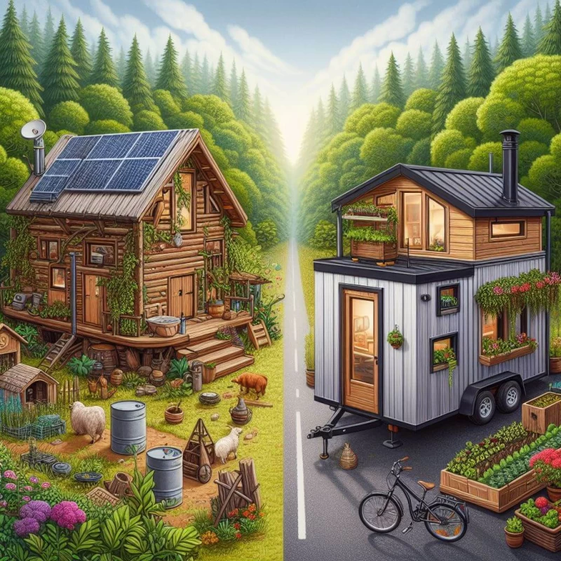An image comparing and contrasting off grid homesteading and tiny house living. On the left, a green and natural off grid homestead with a large cabin and several animals and plants. On the right, a gray and urban tiny house with a small trailer and a few accessories and decorations.v