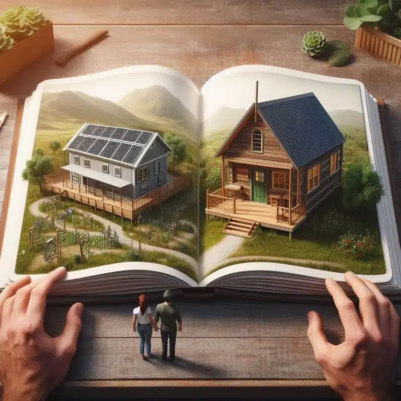 A large open book on a farm table. On one page is a 3d scene of an off grid tiny home. On the other page is a 3d scene of an off grid homestead. There is a man and woman looking at the book trying to decide which page to choose. The image is meant to show the contrast between the tiny home lifestyle and the homestead lifestyle.