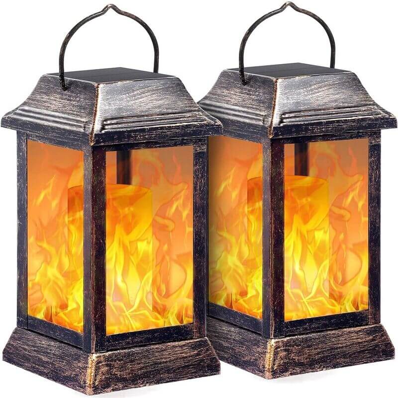 TomCare Solar Lights Metal Flickering Flame Solar Lantern Outdoor Hanging Lanterns
