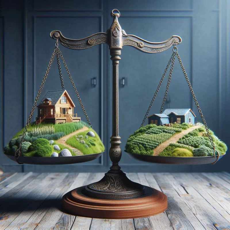 image of a large balance scale. On one side of the scale is a scene with an off grid tiny house and on the other side is a scene of an off grid homestead. The image is meant to show the contrast between the two different styles of off grid living and should convey a theme of showing the balance of how one may be more eco friendly than the other.