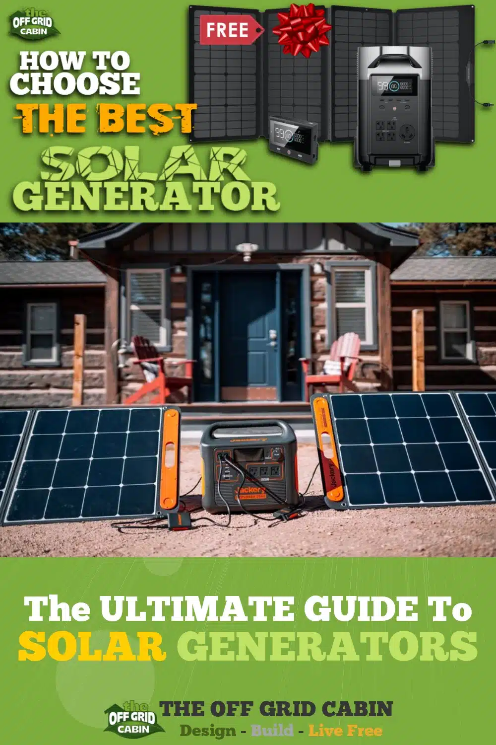 Pinterest Pin with Solar Generator connected to solar panels in front of an off grid home. The title How To Choose The Best Solar Generator is across the top