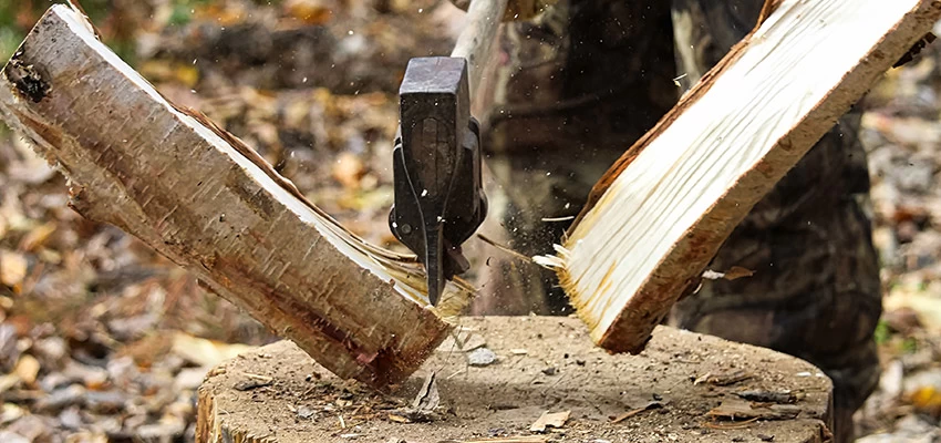 Chopping Wood On A Stump With Axe