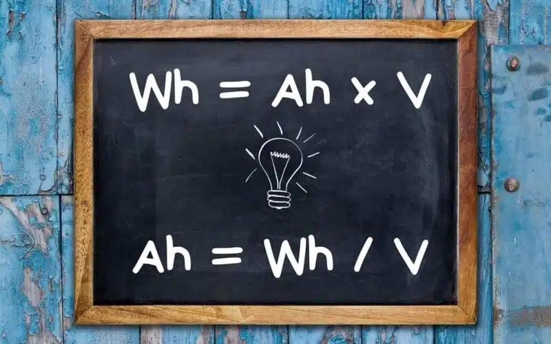 Image of a chalk board with the formula to Convert Amp Hours to Watt Hours