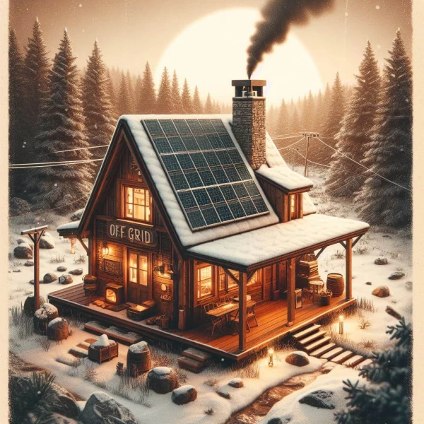 Off grid Cabin In Winter forest with solar panels on roof and smoke coming out of the chimney.
