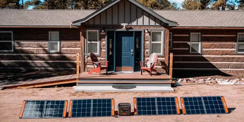 Image of a Jackery Portage Solar Generator in front of a house with several solar panels charging the solar generator