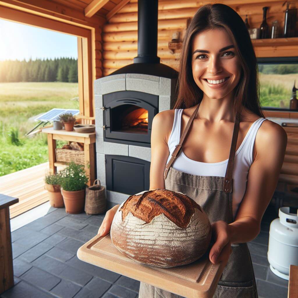 An image of a smiling woman holding freshly backed bread from an off grid appliance