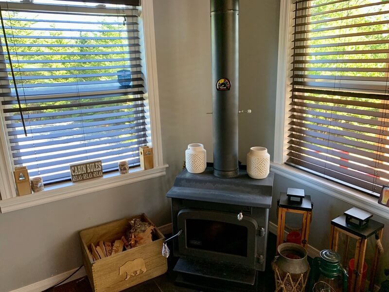 Off Grid Heating Drolet Pyropak Wood Stove at The Off Grid Cabin