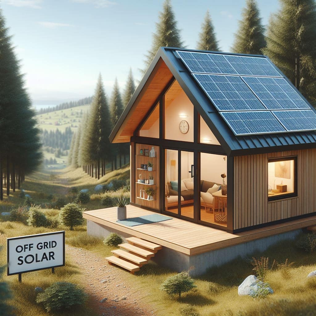 Image of an off grid cabin with solar panels on the roof in a forest setting and an Off Grid Solar sign in front. 