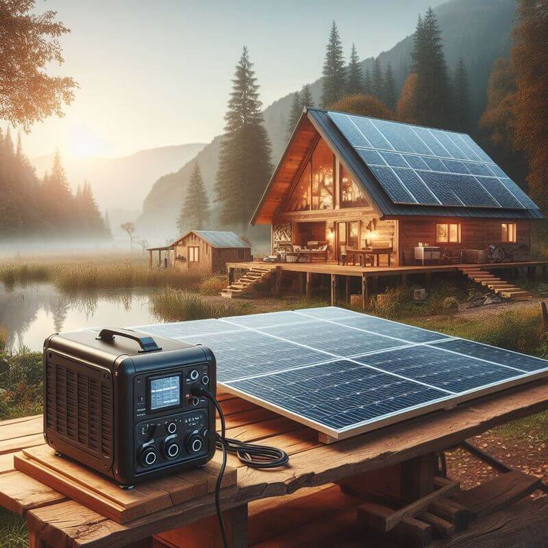 solar generator on a table near an off grid cabin in a forest setting
