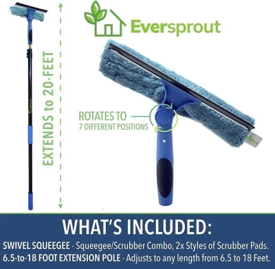 EVERSPROUT 20 Foot Swivel Squeegee & Microfiber Glass Window Scrubber for Solar Panel Cleaning