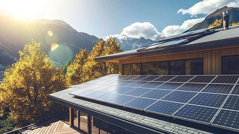 Solar Panels Covering Rooftop of Mountain Home off the grid