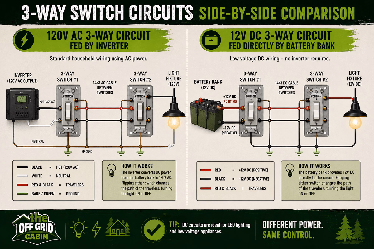 Comparison of 120V AC and 12V DC 3-way switch wiring for off-grid cabins