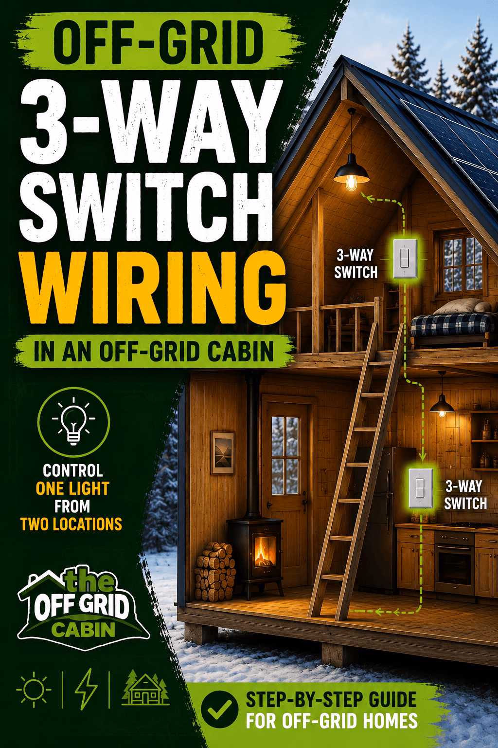 Pinterest Pin Image of an off grid cabin in the forest with the title off-grid 3-way switch wiring 