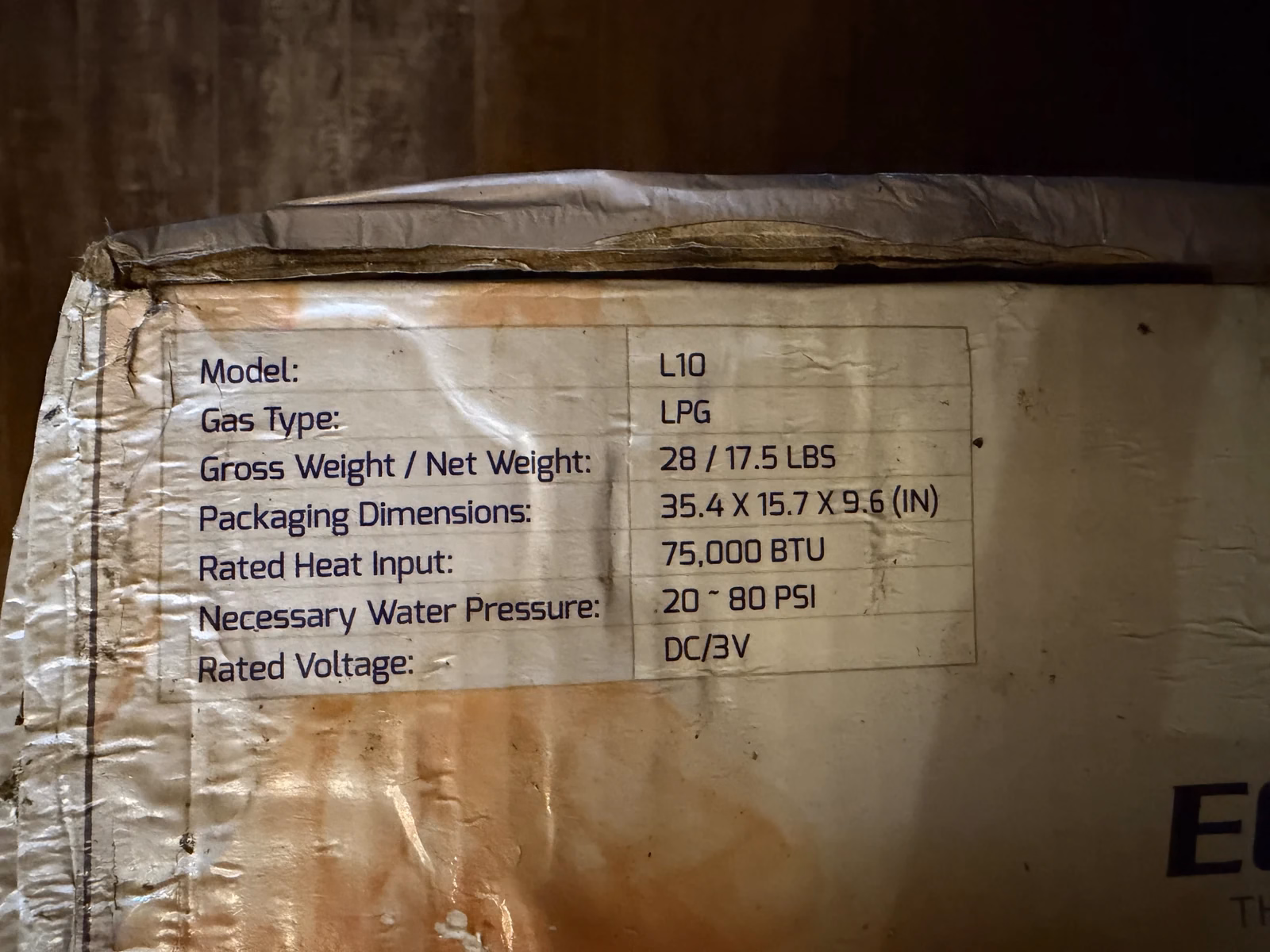 Specification panel on the retained Eccotemp L10 cardboard box